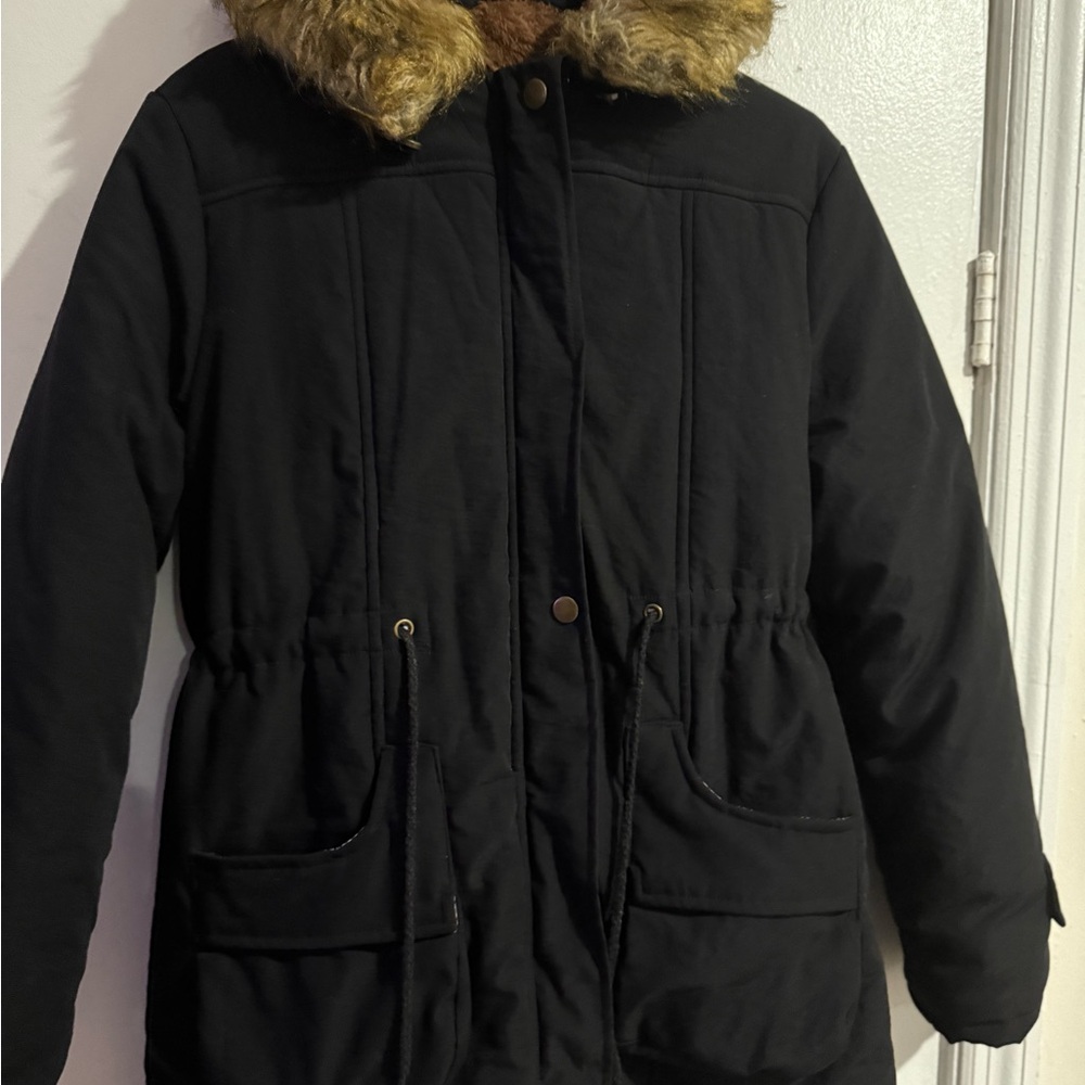 Grace Karin Black Puffer Coat with Faux Fur Collar